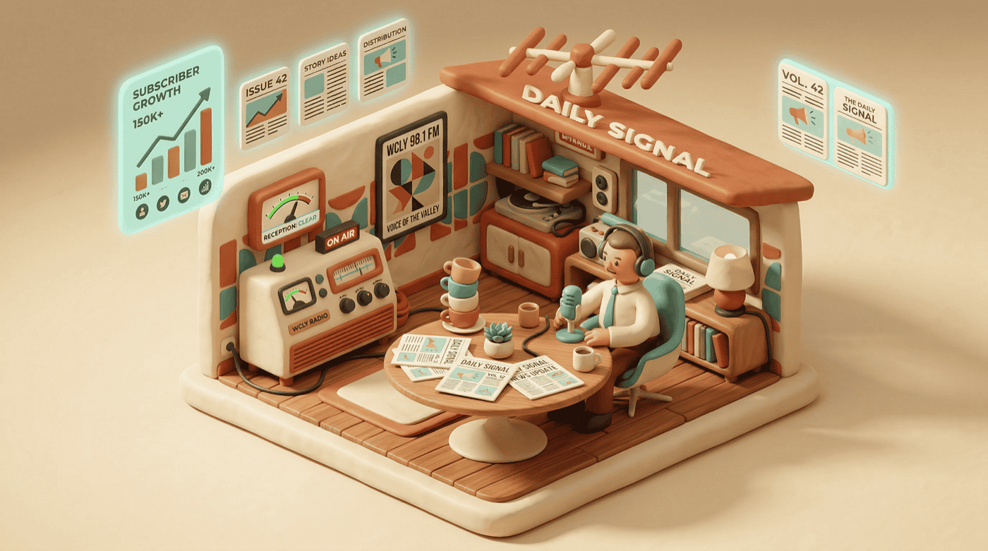 Claymorphic broadcast studio with vintage radio equipment and newsletter production setup