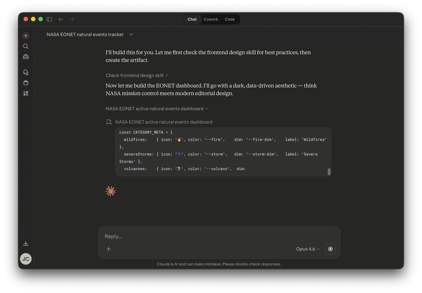 Prompting Claude to build the EONET dashboard