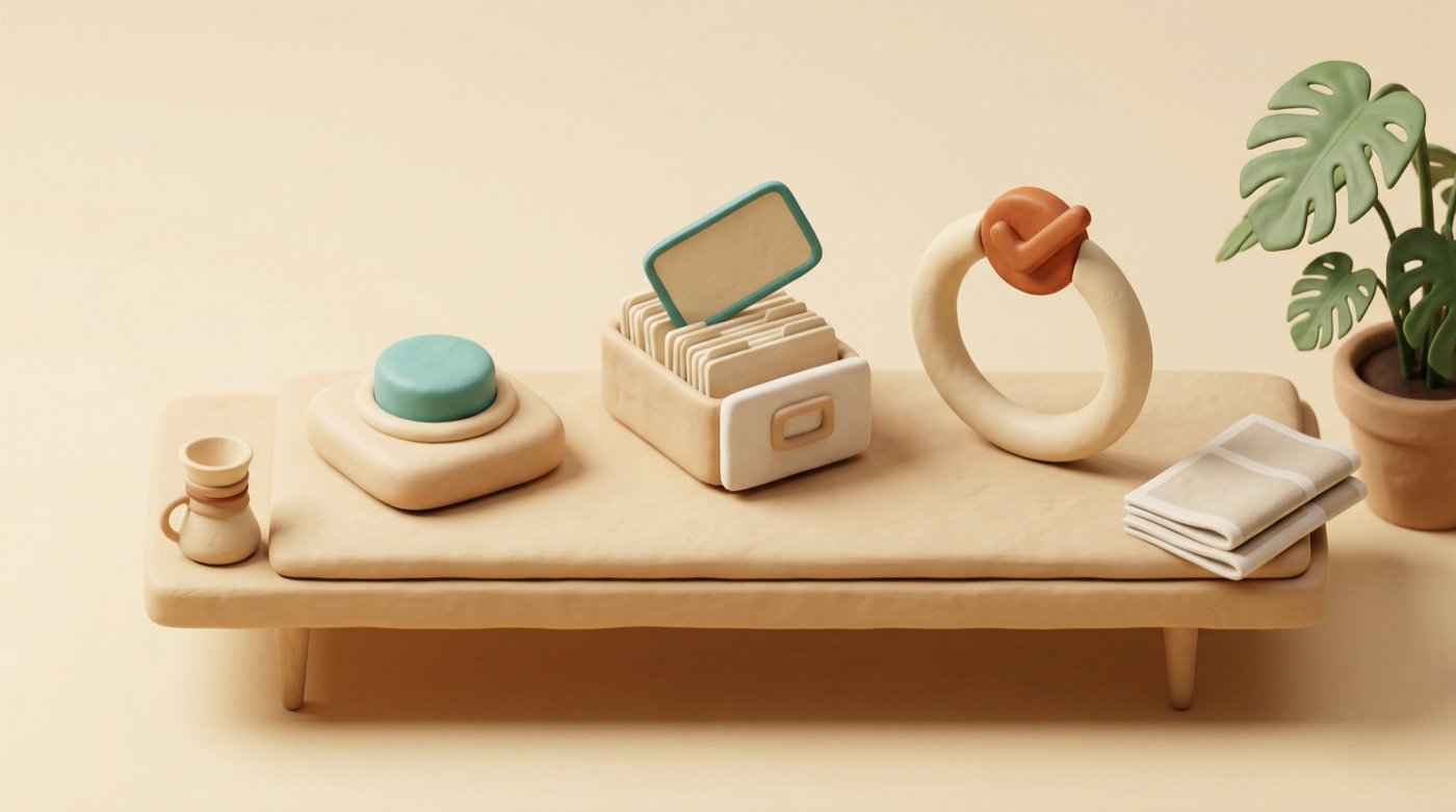 Three small claymorphic objects on a mid-century bench — a teal pushbutton, a filing-card index with one card raised, and a clay ring with a burnt-orange accent — representing three AI engineering habits hiding in plain sight