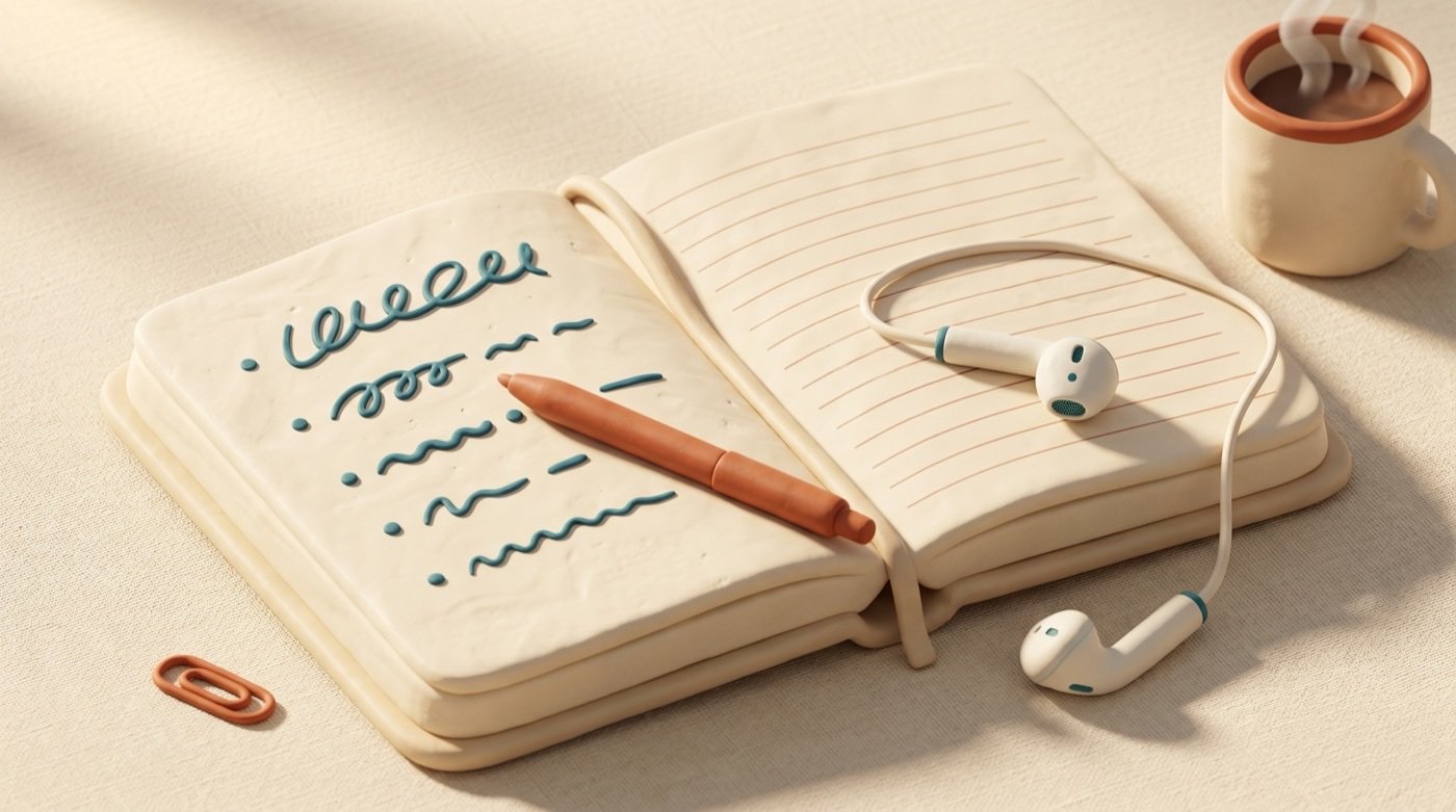 A claymorphic close-up scene: an open clay notebook resting on a cream linen tabletop in warm morning light. The left-hand page shows a short numbered list in abstract teal handwritten marks — questions, unreadable, suggested rather than spelled. The righ