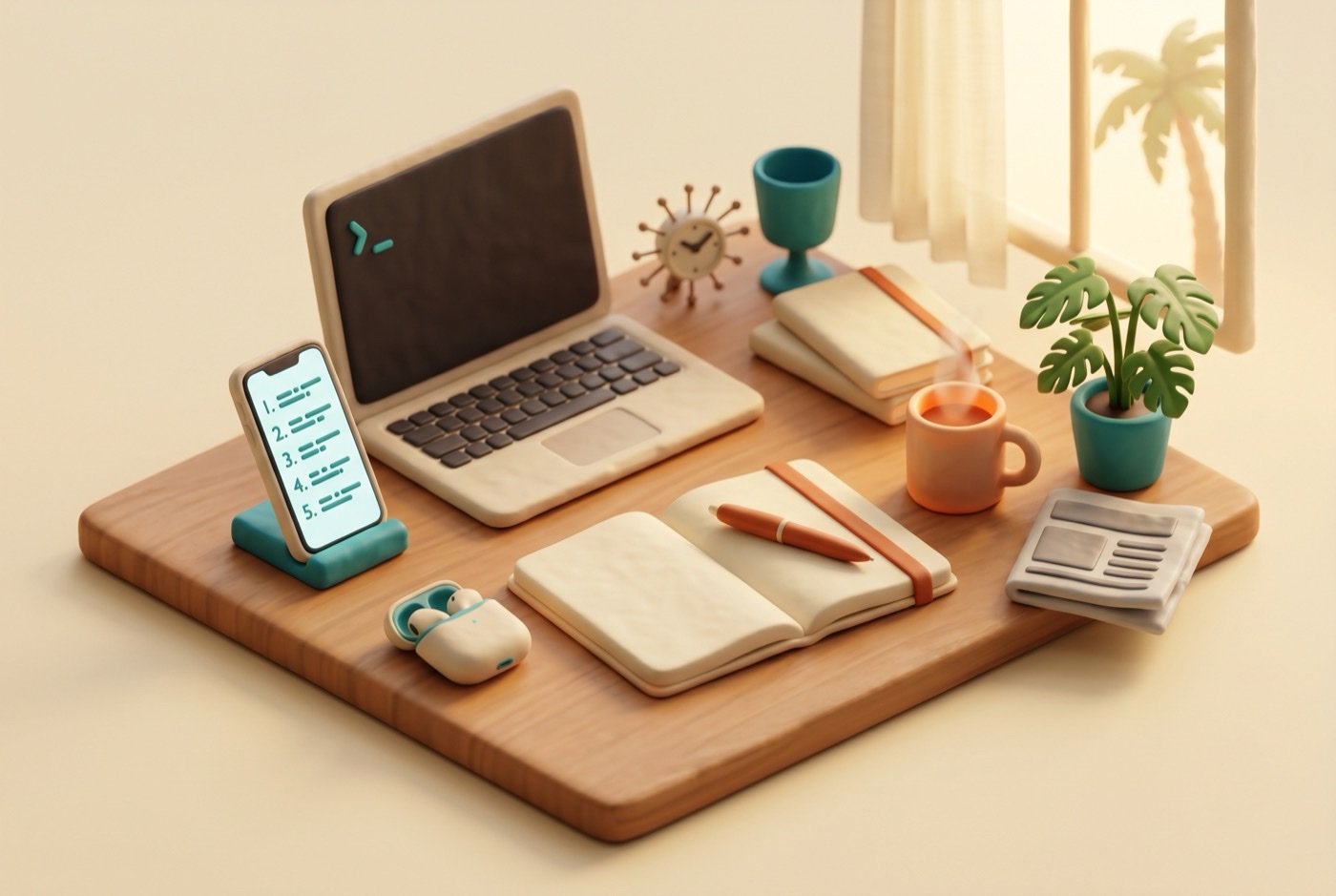 A claymorphic isometric scene on a warm wooden desk: a clay smartphone on a small stand showing a numbered list in abstract teal marks, an open AirPods case beside it, a clay laptop angled to one side with a single teal cursor blink on screen, an open cream notebook with a burnt-orange pen resting across mostly-blank pages, a mid-century starburst desk clock, a ceramic mug with rising steam, a small monstera in a teal pot, a folded clay newspaper, morning light through a window with a palm tree silhouette and sheer curtain — the quiet mid-morning moment just before the talking starts