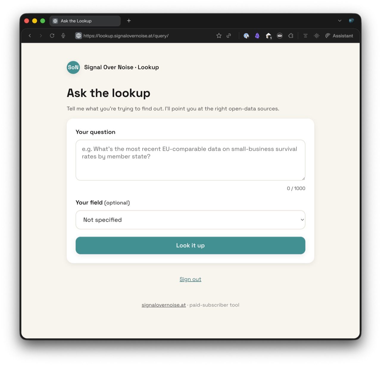 The Lookup tool: ask a question, and it points you at the right open-data source — then gets out of your way.
