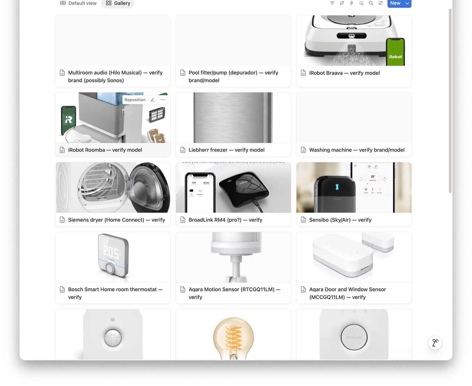 The equipment registry taking shape in Notion — one card per device, each waiting to be identified and documented