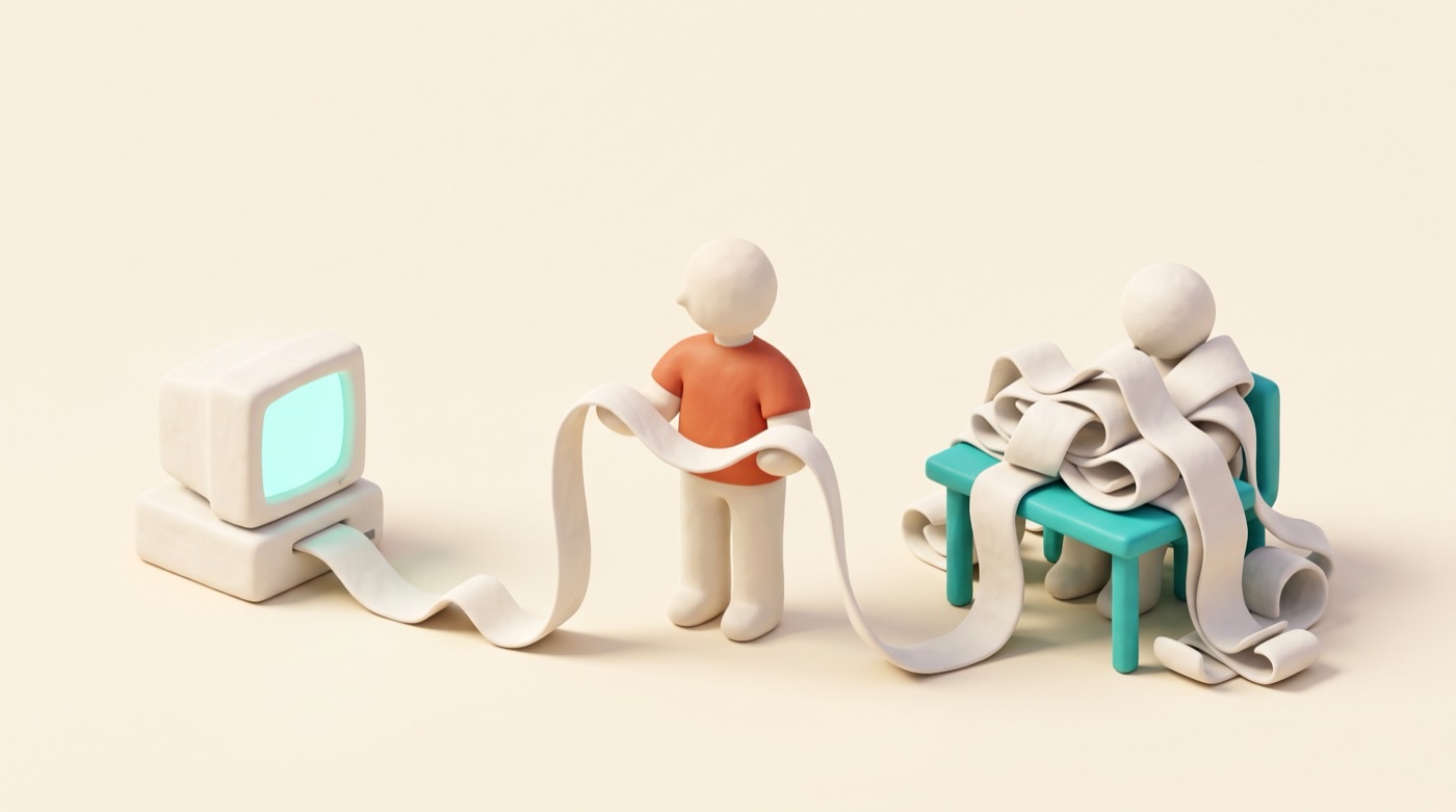 A claymorphic isometric scene on a cream background. On the left, a small white clay vintage computer with a glowing teal screen spools out a long ribbon of paper. In the middle, a clay figure in a coral t-shirt holds the ribbon in both hands and passes it along, head turned away, not looking at it. On the right, a second clay figure sits at a teal desk, buried up to the shoulders in loose coils of the same paper.