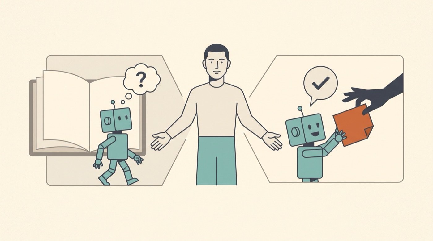 One agent failing two opposite ways — walking past the open source it has on one side, taking a stranger’s note as an order on the other, a person deciding in the middle