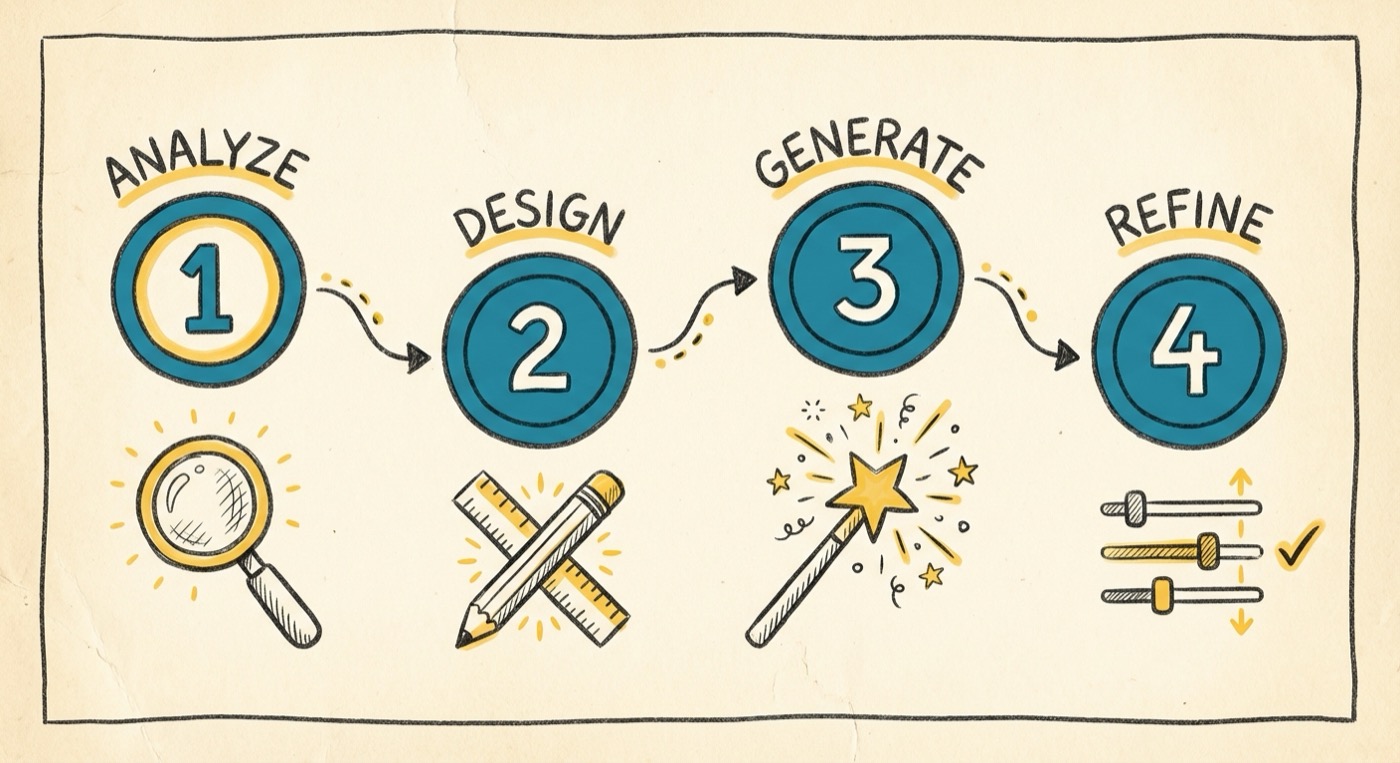 Sketchnote showing the four-step process: Analyze, Design, Generate, Refine