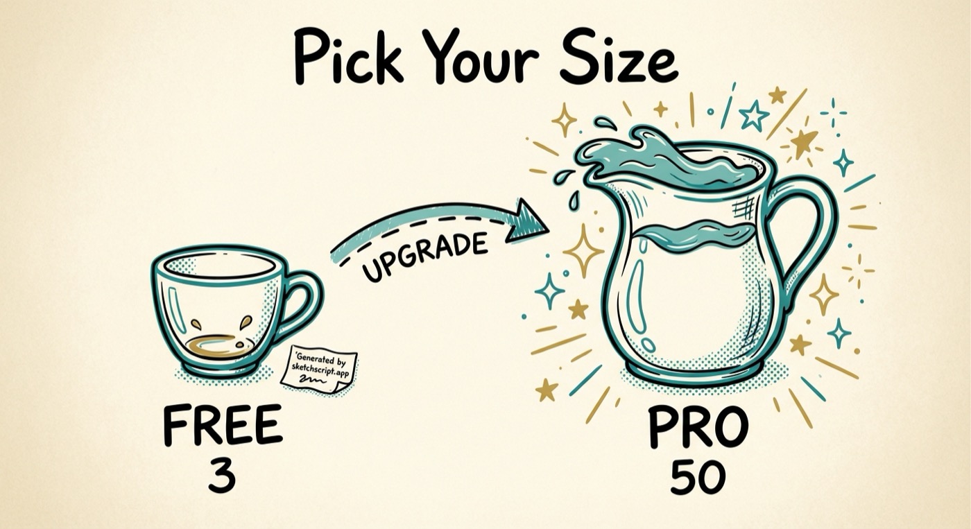 Pick Your Size — espresso cup for Free (3/month) and full pitcher for Pro (50/month)
