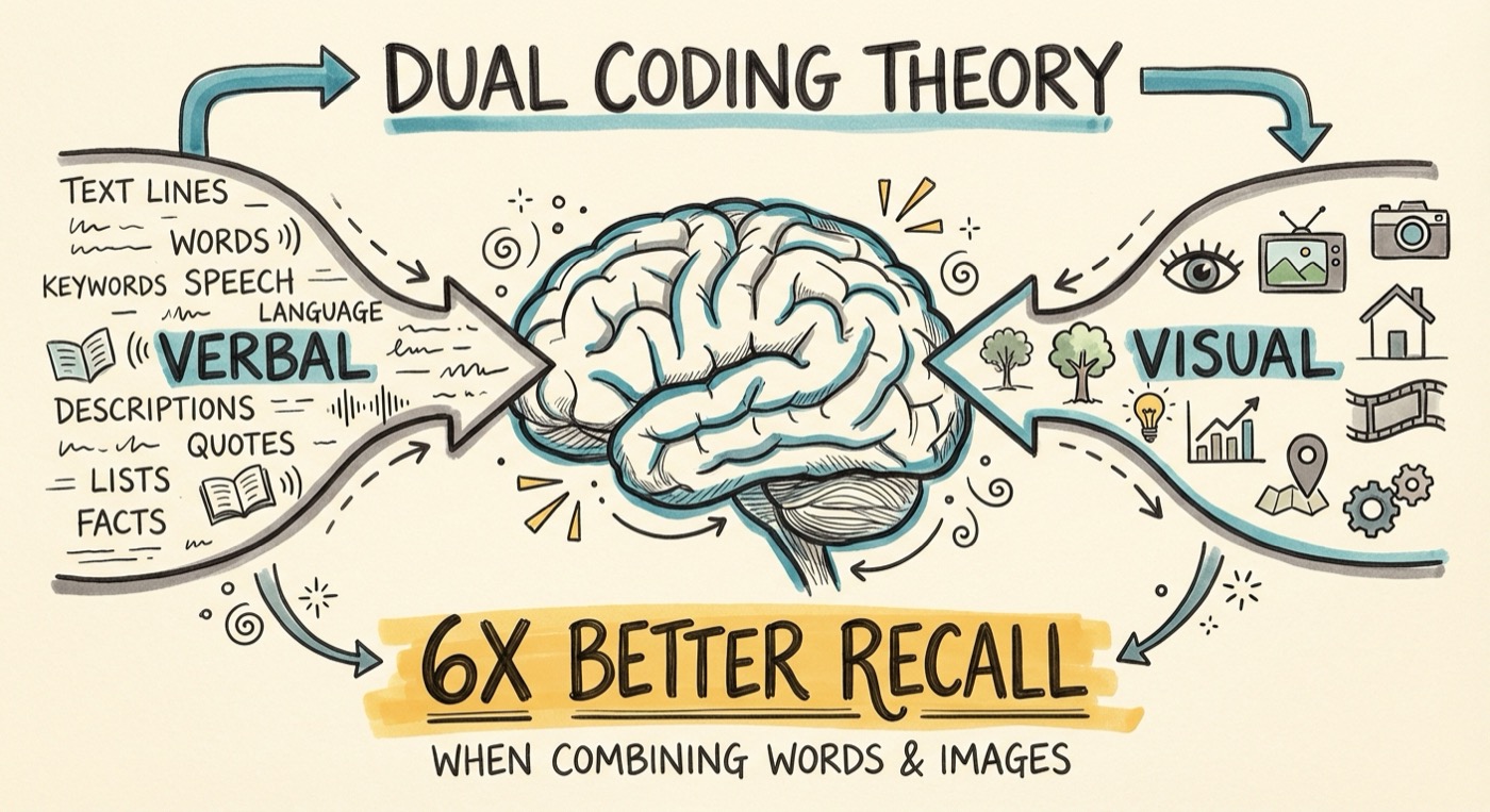 Sketchnote showing dual coding theory: verbal and visual channels creating stronger memories