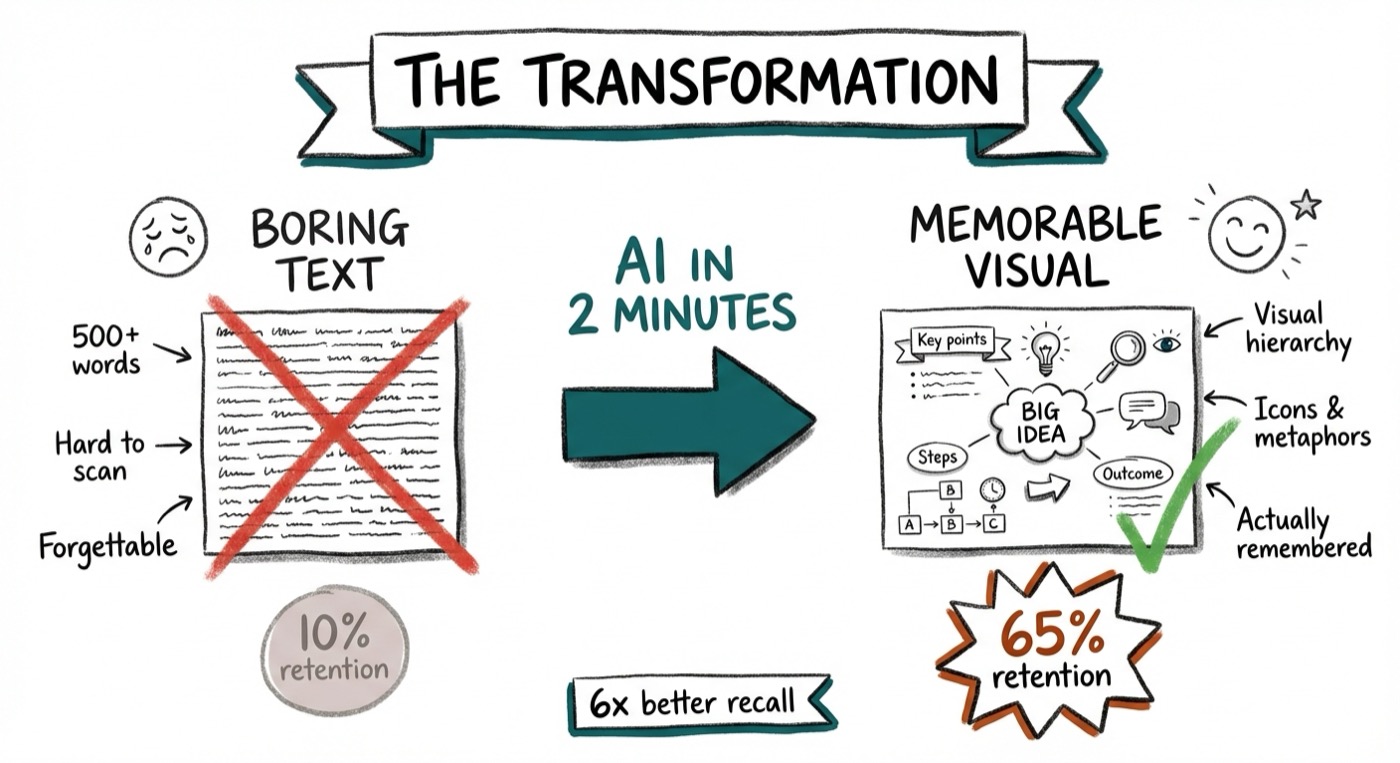 Before and after: boring text transcript transforms into memorable visual sketchnote in 2 minutes with AI