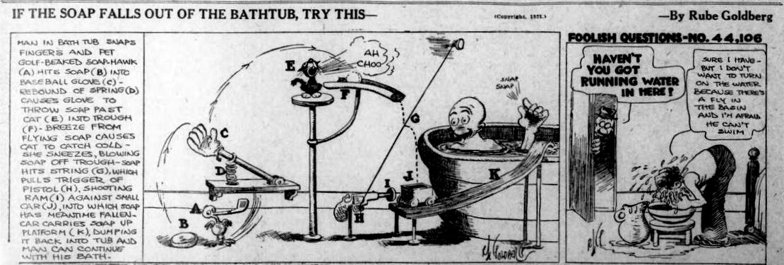 Rube Goldberg cartoon "If the Soap Falls Out of the Bathtub, Try This ..." and "Foolish Questions," on page 10 of the November 18, 1921 Duluth Herald.