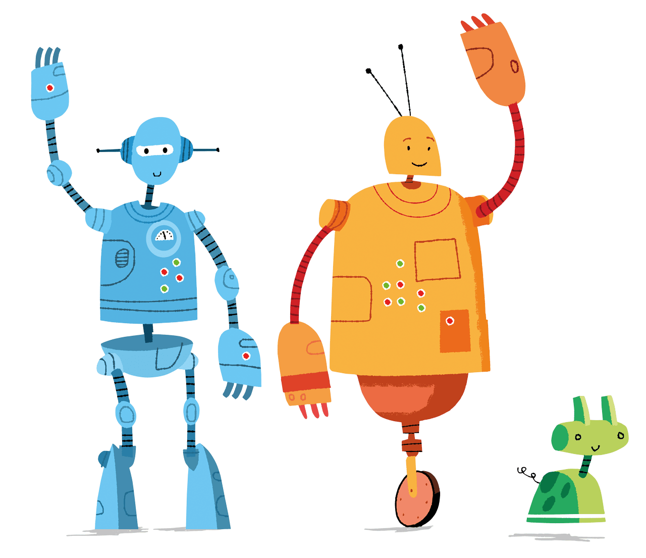 The book's robot characters waving hello