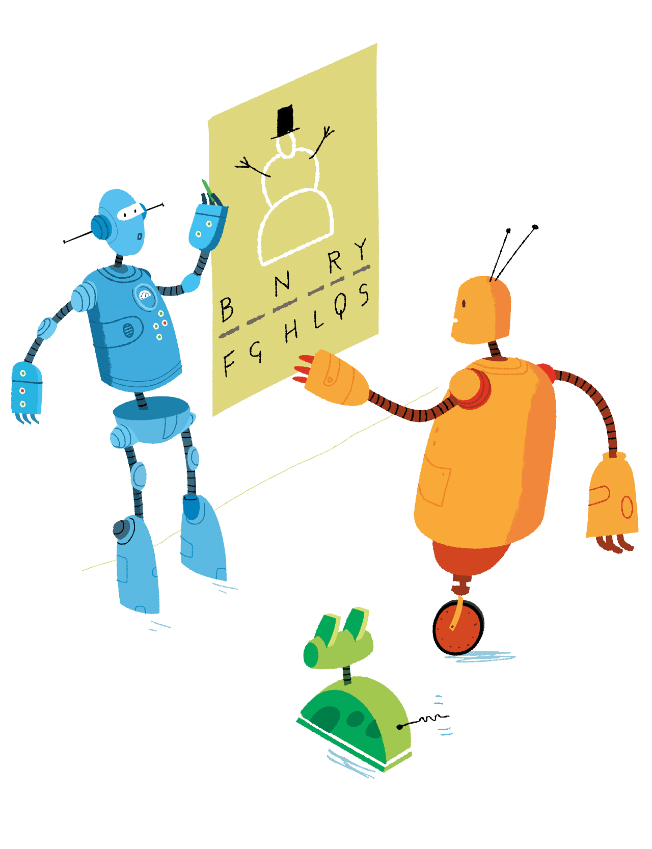 Robots playing a hangman-style game